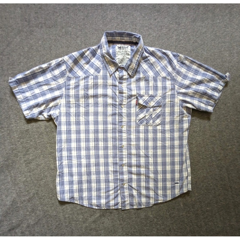 Levi's The Two Horse Brand Shirt Men's XL White Blue Plaid Tab Sleeve Pearl Snap